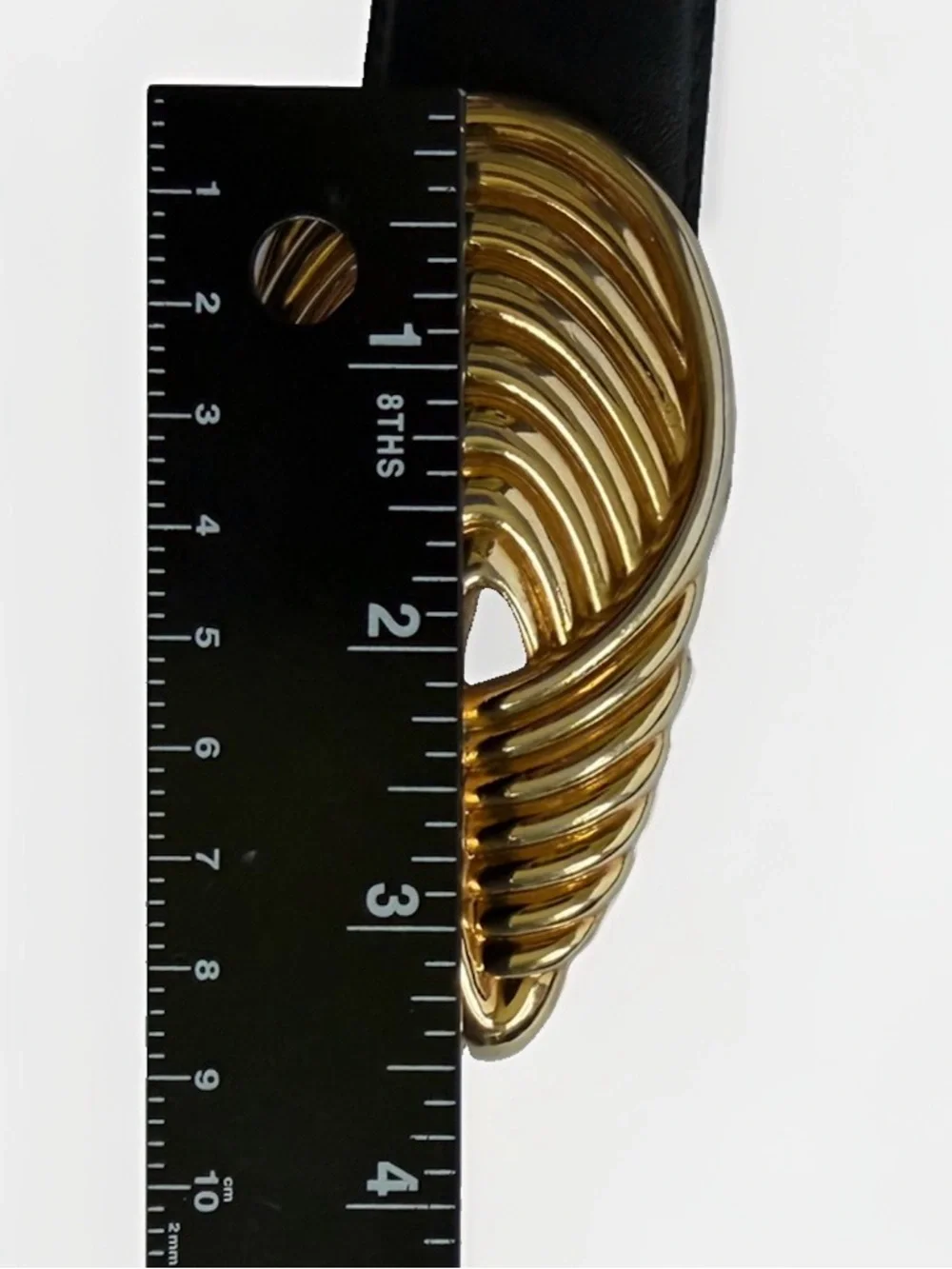 VTG R&R Black Genuine Leather Belt Gold Swirl Statement Buckle S